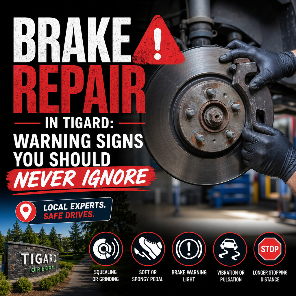 Infographic showing brake warning signs: squealing, soft pedal, brake light, vibration, and longer stopping distance