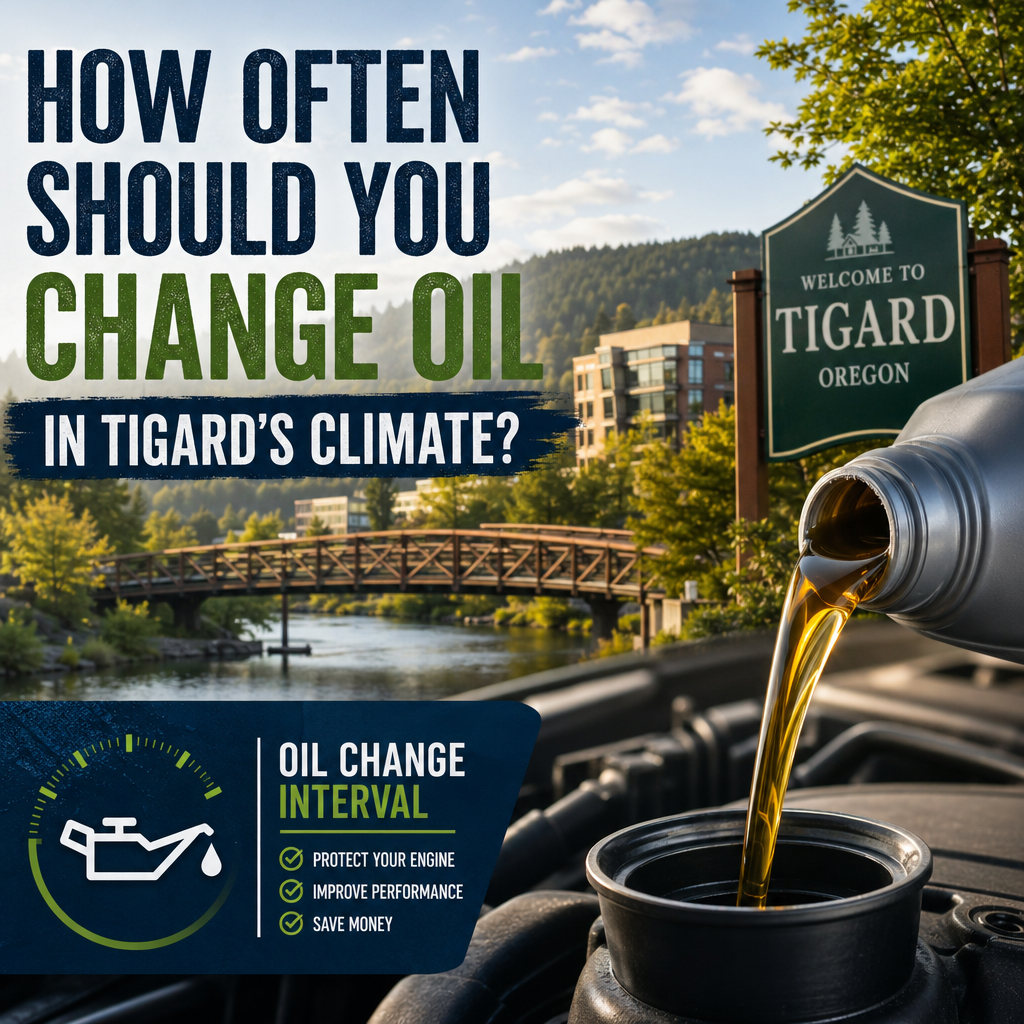 Mechanic checking engine oil with a calendar and weather icons for Tigard oil change interval guidance