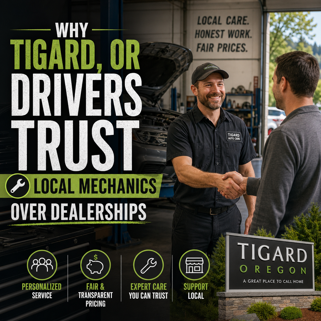 Tigard drivers at a local mechanic shop getting personalized, affordable car service and advice